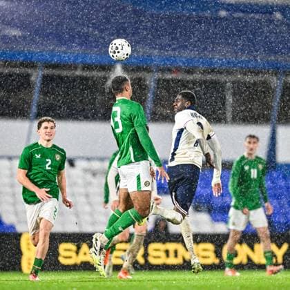 14th November 2025; St Andrews, Birmingham, Midlands, England; UEFA European Under 21 Championship Qualifying, England versus Republic of Ireland; David Okagbue of Ireland U21, U 21 wins a header ahead of Divin Mubama of England U21  GodfreyxPitt