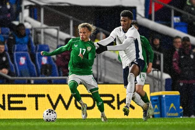 14th November 2025; St Andrews, Birmingham, Midlands, England; UEFA European Under 21 Championship Qualifying, England versus Republic of Ireland; Trent Kone-Doherty of Ireland U21, U 21 holds off Josh Acheampong of England U21  GodfreyxPitt