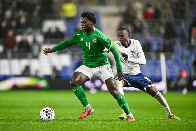 14th November 2025; St Andrews, Birmingham, Midlands, England; UEFA European Under 21 Championship Qualifying, England versus Republic of Ireland; James Abankwah of Ireland U21, U 21 on the ball under pressure from Tyrique George of England U21  GodfreyxPitt