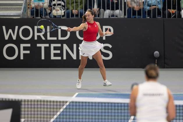 Billie Jean King Cup 2025 Play-Offs, TC Ismaning, Muenchen, Deutschland, Team Turkiye, Damen Doppel, Women s Doubles, Doppel, Zeynep Sonmez, Ayla Aksu (Bandana) Tennis - Billie Jean King Cup 2025 - ITF Billie Jean King Cup - TC Ismaning - Ismaning - Bayern - Deutschland - 14 November 2025. Copyright: xJuergenxHasenkopfx