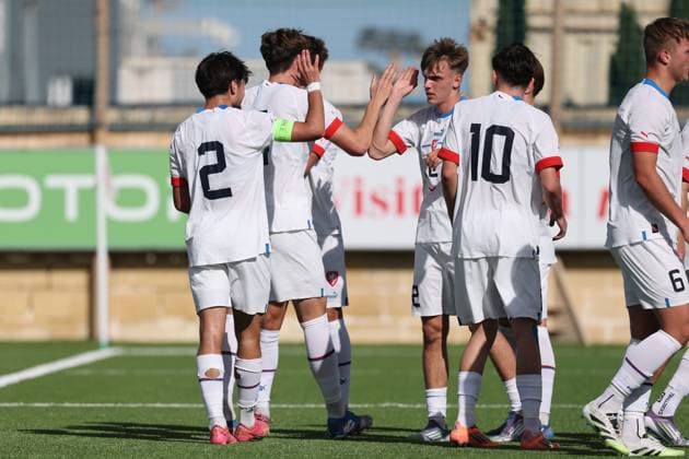 Czechia players celebrate scoring the 1-0 goal during the 2025 26 UEFA European Under-19 Championship qualifying round group 13 soccer match between Czechia U-19 and Malta U-19 at the Centenary Stadium, Ta Qali, Malta on 15 November 2025. Czechia v Malta Under-19 UEFA European Qualifying