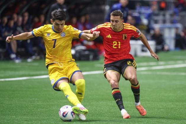 Kazakhstan Galymzhan Kenzhebek and Belgium s Timothy Castagne fight for the ball during a soccer game between Kazakhstan and Belgium s Red Devils, Saturday 15 November 2025 in Astana, Kazakhstan, qualification game 7 8 for the 2026 FIFA World Cup, WM, Weltmeisterschaft, Fussball VIRGINIExLEFOUR  x141771090x
