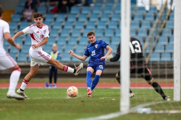 European Championships qualifiers match, Croatia U-19, Gibrltar U-19 Luka Vrzic of Croatia shoots a ball at a goal during round 2 of European Championships 2026 qualifiers match between U19 Croatia and U19 Gibraltar at Branko Cavlovic-Cavlek Stadium on November 15, 2025 in Karlovac, Croatia.  IgorxKralj PIXSELL
