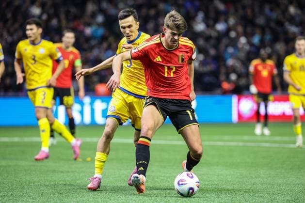 Kazakhstan Bagdat Kairov and Belgium s Charles De Ketelaere fight for the ball during a soccer game between Kazakhstan and Belgium s Red Devils, Saturday 15 November 2025 in Astana, Kazakhstan, qualification game 7 8 for the 2026 FIFA World Cup, WM, Weltmeisterschaft, Fussball VIRGINIExLEFOUR  x141781156x