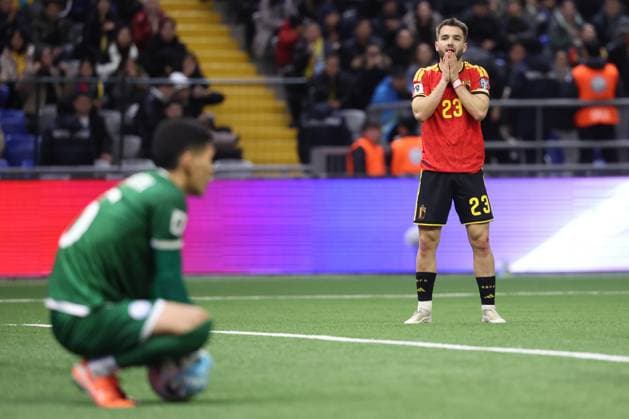 Belgium s Nicolas Raskin reacts during a soccer game between Kazakhstan and Belgium s Red Devils, Saturday 15 November 2025 in Astana, Kazakhstan, qualification game 7 8 for the 2026 FIFA World Cup, WM, Weltmeisterschaft, Fussball VIRGINIExLEFOUR  x141784858x