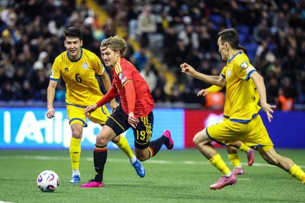 Kazakhstan Alibek Kasym, Belgium s Romeo Vermant and Kazakhstan Bagdat Kairov fight for the ball during a soccer game between Kazakhstan and Belgium s Red Devils, Saturday 15 November 2025 in Astana, Kazakhstan, qualification game 7 8 for the 2026 FIFA World Cup, WM, Weltmeisterschaft, Fussball VIRGINIExLEFOUR  x141785538x