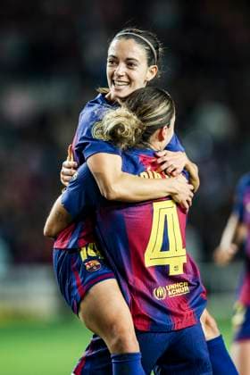FC Barcelona, Barca v Real Madrid - Liga F Moeve Aitana Bonmati of FC Barcelona celebrates after scoring a goal with Maria Leon of FC Barcelona during the Liga F Moeve match between FC Barcelona Femeni and Real Madrid Femenino at Estadi Olimpic Lluis Companys in Barcelona, Spain, on November 15, 2025. Barcelona Spain  Copyright: xGongorax originalFilename:bonilla-fcbarcel251115_npYDz.jpg