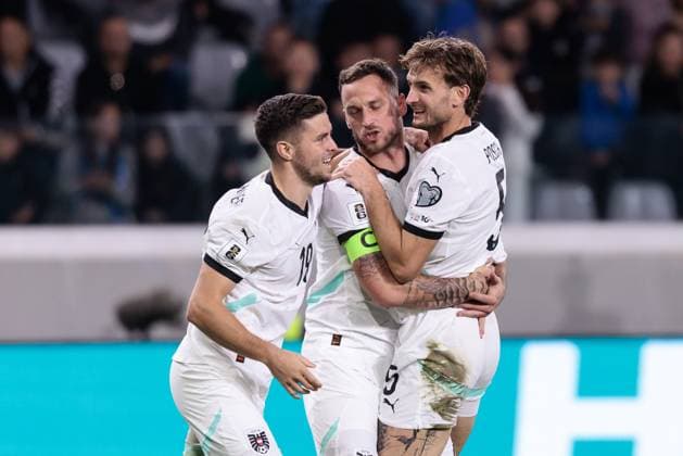 SOCCER - FIFA WC quali, CYP vs AUT LIMASSOL,CYPRUS,15.NOV.25 - SOCCER - FIFA World Cup, WM, Weltmeisterschaft, Fussball 2026, European Qualifiers, group stage, OEFB international match, Länderspiel, Nationalmannschaft Cyprus vs Austria. Image shows the rejoicing of Christoph Baumgartner, Marko Arnautovic and Stefan Posch (AUT). GEPAxpictures xArminxRauthner