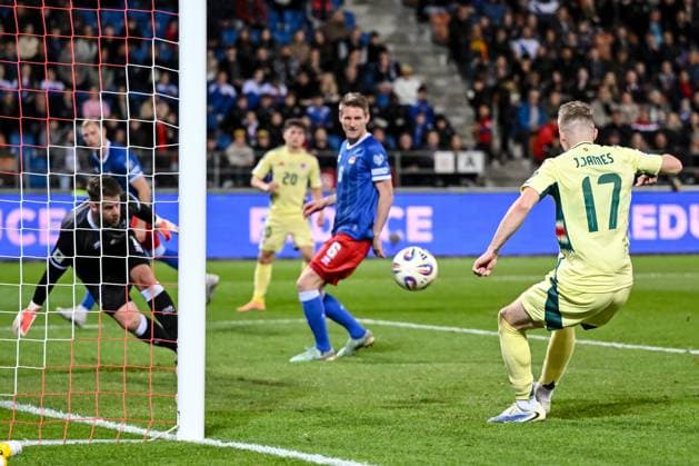 Jordan James (Wales) scores his team s first goal during the FIFA World Cup, WM, Weltmeisterschaft, Fussball 2026 qualifier match between Liechtenstein and Wales at Rheinpark Stadion on November 15, 2025 in Vaduz, Liechtenstein. (Photo by Harry Langer DeFodi Images)