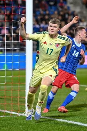 Jordan James (Wales) celebrates after scoring his team s first goal during the FIFA World Cup, WM, Weltmeisterschaft, Fussball 2026 qualifier match between Liechtenstein and Wales at Rheinpark Stadion on November 15, 2025 in Vaduz, Liechtenstein. (Photo by Harry Langer DeFodi Images)