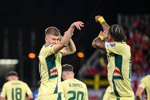 Jordan James (Wales) celebrates after scoring his team s first goal with teammates during the FIFA World Cup, WM, Weltmeisterschaft, Fussball 2026 qualifier match between Liechtenstein and Wales at Rheinpark Stadion on November 15, 2025 in Vaduz, Liechtenstein. (Photo by Harry Langer DeFodi Images)