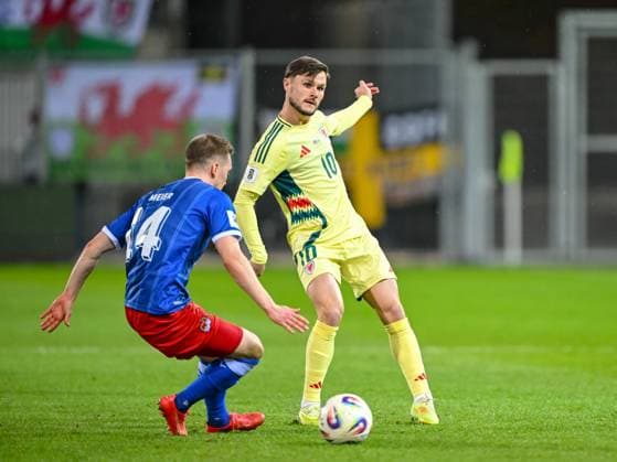 Livio Meier (Liechtenstein) und Liam Cullen (Wales) battle for the ball during the FIFA World Cup, WM, Weltmeisterschaft, Fussball 2026 qualifier match between Liechtenstein and Wales at Rheinpark Stadion on November 15, 2025 in Vaduz, Liechtenstein. (Photo by Harry Langer DeFodi Images)