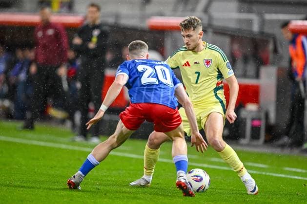 Sandro Wolfinger (Liechtenstein) und David Brooks (Wales) battle for the ball during the FIFA World Cup, WM, Weltmeisterschaft, Fussball 2026 qualifier match between Liechtenstein and Wales at Rheinpark Stadion on November 15, 2025 in Vaduz, Liechtenstein. (Photo by Harry Langer DeFodi Images)