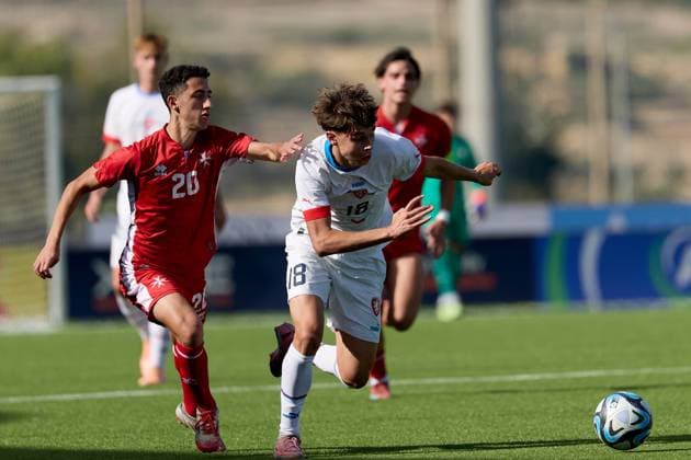 Lukas Dvoracek (right) of Czechia is in action during the 2025 26 UEFA European Under-19 Championship qualifying round group 13 soccer match between Czechia and Malta at the Centenary Stadium, Ta Qali, Malta on 15 November 2025. Czechia v Malta; 2025 26 UEFA European Under-19 Championship qualifying round group phase;