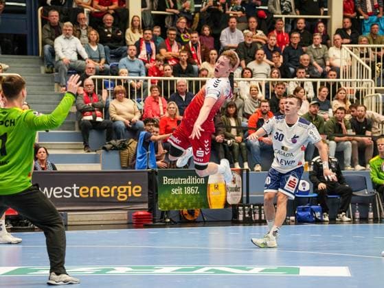 Felix Mart (TuSEM Essen, 03) im Sprungwurf auf das Tor gegen Frederik Hoeler (1. VFL Potsdam, 01) TuSEM Essen vs. 1. VfL Potsdam, Handball, 2. Bundesliga, 11. Spieltag, Saison 2025 2026, 15.11.2025 TuSEM Essen vs. 1. VfL Potsdam, Handball, 2. Bundesliga, 11. Spieltag, Saison 2025 2026, 15.11.2025 Essen Copyright: xEibner-Pressefoto DamianxKruczynx EP_DKI