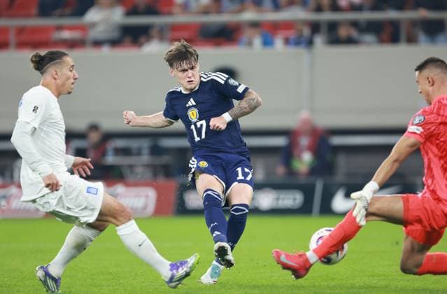Ben Gannon-Doak of Scotland through on goal is denied Greece v Scotland, FIFA 2026 World Cup Qualifying, Group C, Football, Georgios Karaiskakis Stadium, Athens, Greece - 15 Nov 2025Athens Georgios Karaiskakis Stadium Greece EDITORIAL USE ONLY No use with unauthorised audio, video, data, fixture lists, club league logos or live services. Online in-match use limited to 120 images, no video emulation. No use in betting, games or single club league player publications. Copyright: xNikolaxKrstic Shutterstockx 15786160cu