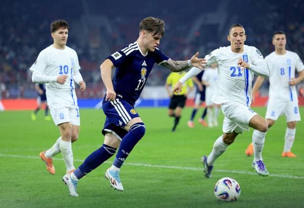 Ben Gannon-Doak of Scotland in action against Kostas Tsimikas of Greece Greece v Scotland, FIFA 2026 World Cup Qualifying, Group C, Football, Georgios Karaiskakis Stadium, Athens, Greece - 15 Nov 2025Athens Georgios Karaiskakis Stadium Greece EDITORIAL USE ONLY No use with unauthorised audio, video, data, fixture lists, club league logos or live services. Online in-match use limited to 120 images, no video emulation. No use in betting, games or single club league player publications. Copyright: xGeorgexTewkesbury Shutterstockx 15786154cq