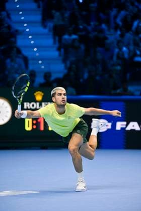 15th November 2025; Palasport Olimpico Arena, Turin, Italy; Nitto ATP, Tennis Herren Finals Tennis 2025; Carlos Alcaraz of Spain plays a backhand against Felix Auger-Aliassime of Canada  BestxImages