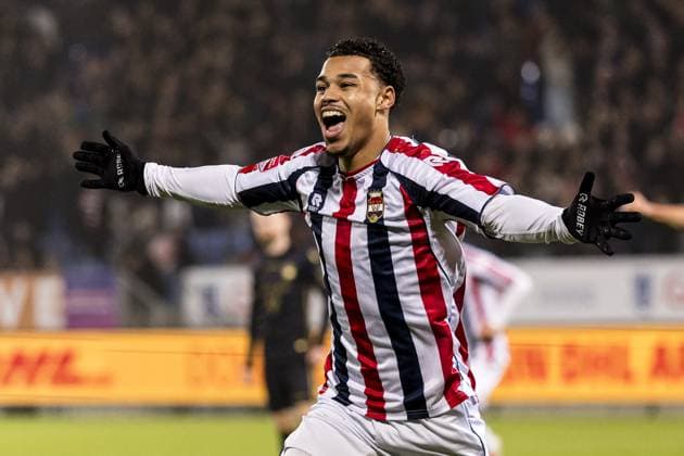 TILBURG , 15-11-2025 , Koning Willem II stadium , season 2025 2026 , Dutch Keuken Kampioen Divisie football , match between Willem II and FC Emmen , picture shows Willem II player Emilio Kehrer celebrating the goal. 1-0. Willem II - Emmen  x32036778x Copyright: