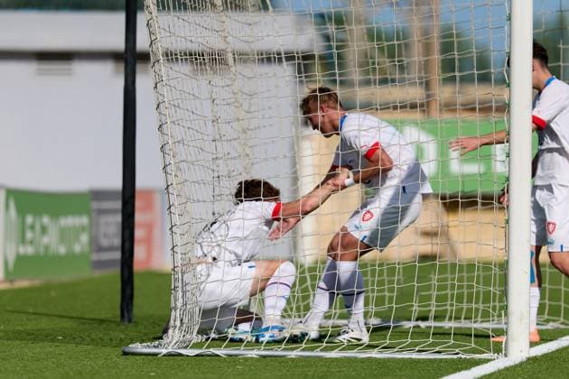 Czechia Under-19 players celebrate after scoring the 1-0 goal during the 2025 26 UEFA European Under-19 Championship qualifying round group 13 soccer match between Czechia and Malta at the Centenary Stadium, Ta Qali, Malta on 15 November 2025. Czechia v Malta; 2025 26 UEFA European Under-19 Championship qualifying round group phase;