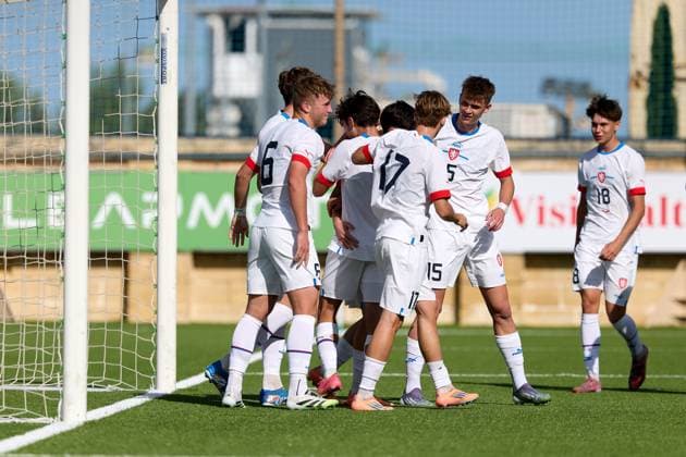 Czechia Under-19 players celebrate after scoring the 1-0 goal during the 2025 26 UEFA European Under-19 Championship qualifying round group 13 soccer match between Czechia and Malta at the Centenary Stadium, Ta Qali, Malta on 15 November 2025. Czechia v Malta; 2025 26 UEFA European Under-19 Championship qualifying round group phase;