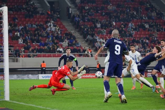Greece v Scotland 2026 FIFA World Cup, WM, Weltmeisterschaft, Fussball Qualifiers Odysseas Vlachodimos of Greece dives to make a save during the 2026 FIFA World Cup Qualifiers Group C match at Karaiskakis Stadium, Piraeus UK Newspapers OUT Copyright: xYannisxHalasx FIL-22494-0087