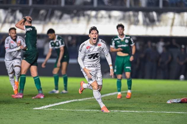 Santos X Palmeiras SANTOS, SP - 15.11.2025: SANTOS X PALMEIRAS - Rollhaiser celebrates 1st Goal during Santos X Palmeiras held at Urbano Caldeira Stadium (Vila Belmiro) in Santos - SP, for the 13th round of the Brazilian Football Championship on Saturday night (15). (Photo: Pedro Teixeira Fotoarena) x2843482x  PedroxTeixeira