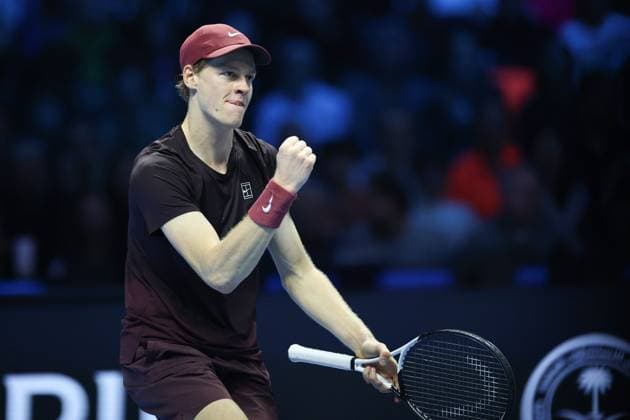 (251116) -- TURIN, Nov. 16, 2025 -- Jannik Sinner celebrates a point during the men s singles semifinal match between Jannik Sinner of Italy and Alex De Minaur of Australia at the ATP, Tennis Herren Finals tennis tournament in Turin, Italy, on Nov. 15, 2025. ) (SP) ITALY-TURIN-ATP FINALS-MEN S SINGLES-SEMIFINAL LixJing 