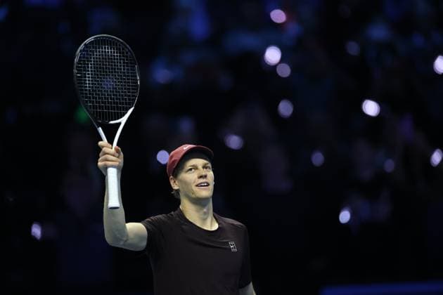 (251116) -- TURIN, Nov. 16, 2025 -- Jannik Sinner celebrates after winning the men s singles semifinal match between Jannik Sinner of Italy and Alex De Minaur of Australia at the ATP, Tennis Herren Finals tennis tournament in Turin, Italy, on Nov. 15, 2025. ) (SP) ITALY-TURIN-ATP FINALS-MEN S SINGLES-SEMIFINAL LixJing 