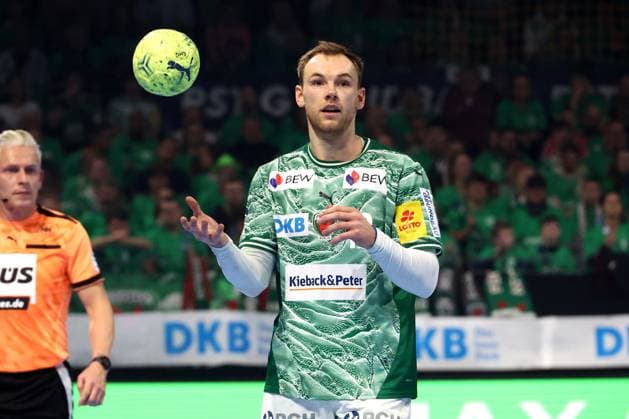 DEU, DHB, 1.HBL, Fuechse Berlin vs. THW Kiel, 15.11.2025, Max-Schmeling-Halle, Berlin, DEU, DHB, 1.HBL, Fuechse Berlin vs. THW Kiel, im Bild Mathias Gidsel (Fuechse Berlin 19)