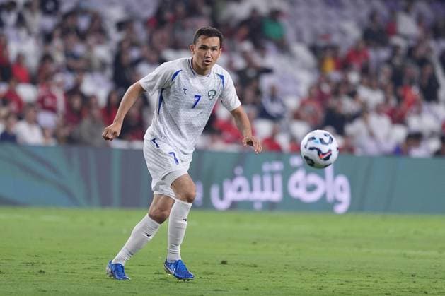 2025, 14 November - Al Ain, UAE - Otabek Shukurov of national team, Nationalteam of Uzbekistan during the FIFA friendly international team match between Egypt Nationalteam and Uzbekistan National team at Hazza bin Zayed Stadium in Ak Ain, UAE. Egypt v Uzbekistan - FIFA friendly football International team match before World cup 2026 Copyright: xSebastianxFrejx