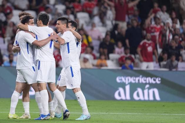 2025, 14 November - Al Ain, UAE - Oston Urunov of national team, Nationalteam of Uzbekistan goal celebration during the FIFA friendly international team match between Egypt Nationalteam and Uzbekistan National team at Hazza bin Zayed Stadium in Ak Ain, UAE. Egypt v Uzbekistan - FIFA friendly football International team match before World cup 2026 Copyright: xSebastianxFrejx