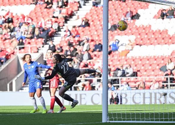 St Helens, England, 16th November 2025. Alyssa Thompson of Chelsea (not pictured) scores her sides first goal during the Liverpool FC Women vs Chelsea Women Barclays Women s Super League match at the Totally Wicked Stadium, St Helens. Picture credit should read: Cody Froggatt Sportimage EDITORIAL USE ONLY. No use with unauthorised audio, video, data, fixture lists, club league logos or live services. Online in-match use limited to 120 images, no video emulation. No use in betting, games or single club league player publications. SPI_013_CF_LIVERPOOL_FC_WOMEN_V_CHELSEA_WOMENA SPI-4287-0014