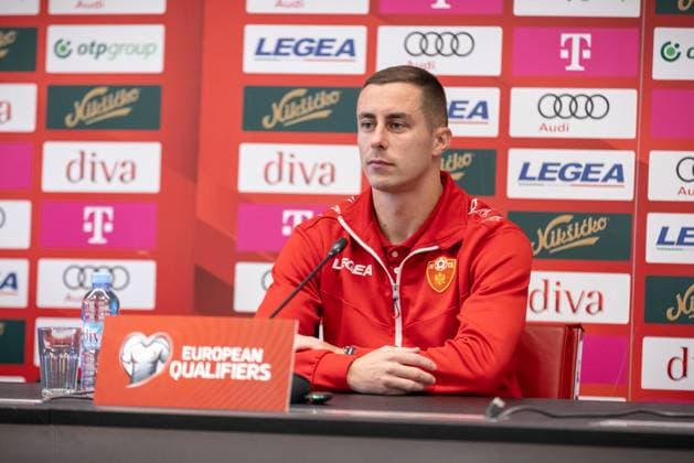 press conference, PK, Pressekonferenz of Montenegro National Football Team Player Adam Marusic speaks during the press conference on November 16, 2025 in Podgorica, Montenegro, ahead of the FIFA World Cup, WM, Weltmeisterschaft, Fussball 2026 qualifier match against Croatia. The football match between Montenegro and Croatia is on November 17.  StefanxIvanovic PIXSELL