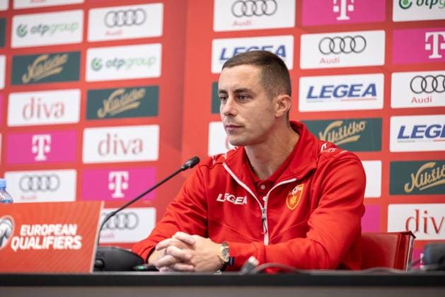 press conference, PK, Pressekonferenz of Montenegro National Football Team Player Adam Marusic speaks during the press conference on November 16, 2025 in Podgorica, Montenegro, ahead of the FIFA World Cup, WM, Weltmeisterschaft, Fussball 2026 qualifier match against Croatia. The football match between Montenegro and Croatia is on November 17.  StefanxIvanovic PIXSELL