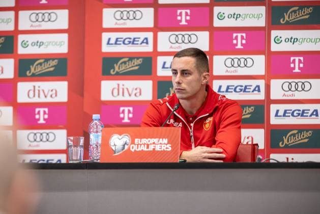 press conference, PK, Pressekonferenz of Montenegro National Football Team Player Adam Marusic speaks during the press conference on November 16, 2025 in Podgorica, Montenegro, ahead of the FIFA World Cup, WM, Weltmeisterschaft, Fussball 2026 qualifier match against Croatia. The football match between Montenegro and Croatia is on November 17.  StefanxIvanovic PIXSELL