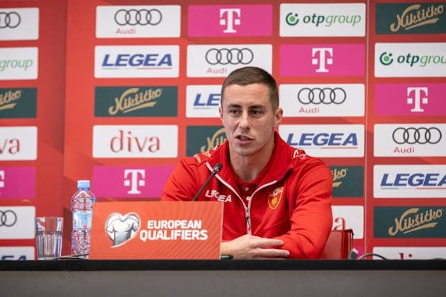 press conference, PK, Pressekonferenz of Montenegro National Football Team Player Adam Marusic speaks during the press conference on November 16, 2025 in Podgorica, Montenegro, ahead of the FIFA World Cup, WM, Weltmeisterschaft, Fussball 2026 qualifier match against Croatia. The football match between Montenegro and Croatia is on November 17.  StefanxIvanovic PIXSELL