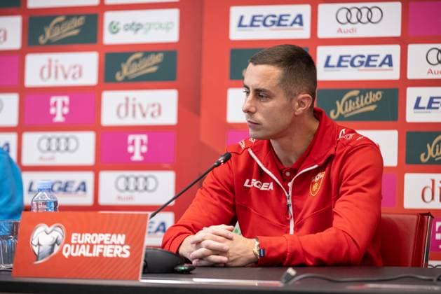 press conference, PK, Pressekonferenz of Montenegro National Football Team Player Adam Marusic speaks during the press conference on November 16, 2025 in Podgorica, Montenegro, ahead of the FIFA World Cup, WM, Weltmeisterschaft, Fussball 2026 qualifier match against Croatia. The football match between Montenegro and Croatia is on November 17.  StefanxIvanovic PIXSELL