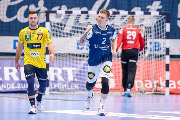 16.11.2025, Handball, HBL, Bergischer HC - Rhein-Neckar Löwen, Mitsubishi Electric HALLE Düsseldorf: Noah Beyer (BHC 02) jubelnd nach verwandeltem Siebenmeter Nordrhein-Westfalen Deutschland