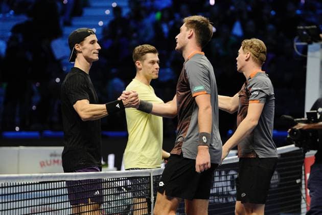 Great Britain s Henry Patten and Finland™s Harri Heliovaara celebrate after winning their doubles final match and the ATP, Tennis Herren Finals against Salisbury Skupski at the Inalpi Arenain Turin, Italy - Sunday, Nov. 16, 2025. -  Copyright: xMarcoxAlpozzi LaPressex