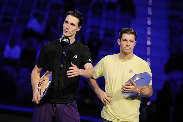 Great Britain s Joe Salisbury and Neal Skupski with second place trophy after their doubles final tennis match of the ATP, Tennis Herren World Tour Finals against Great Britain s Henry Patten and Finland™s Harri Heliovaara at the Inalpi Arenain Turin, Italy - Sunday, Nov. 16, 2025. - .  Copyright: xMarcoxAlpozzi LaPressex
