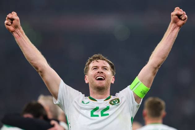 2026 FIFA World Cup, WM, Weltmeisterschaft, Fussball Qualifier Group F, Puskas ArÃ Nathan Collins celebrates after the match 16 11 2025  Copyright: x INPHO RyanxByrnex RB1_6346