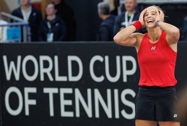 Belgian Hanne Vandewinkel celebrates winning a tennis match against German Seidel, the second match of the meeting between Belgium and Germany in the Billie Jean King Cup Play-offs, on Sunday 16 November 2025 in Ismaning, Germany. PHOTO BENOITxDOPPAGNE  x142007404x