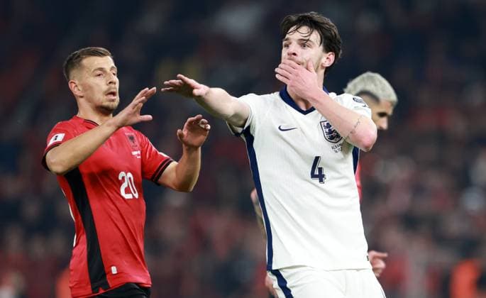 Declan Rice of England. Albania v England, FIFA 2026 World Cup Qualifying, Group K, Football, Arena Kombetare, Tirana, Albania - 16 Nov 2025Tirana Arena Kombetare Albania EDITORIAL USE ONLY No use with unauthorised audio, video, data, fixture lists, club league logos or live services. Online in-match use limited to 120 images, no video emulation. No use in betting, games or single club league player publications.  Copyright: xNikolaxKrstic Shutterstockx 15786244ao