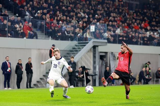 Jarrod Bowen of England and Naser Aliji of Albania. Albania v England, FIFA 2026 World Cup Qualifying, Group K, Football, Arena Kombetare, Tirana, Albania - 16 Nov 2025Tirana Arena Kombetare Albania EDITORIAL USE ONLY No use with unauthorised audio, video, data, fixture lists, club league logos or live services. Online in-match use limited to 120 images, no video emulation. No use in betting, games or single club league player publications.  Copyright: xNikolaxKrstic Shutterstockx 15786244aw