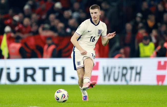 Adam Wharton of England. Albania v England, FIFA 2026 World Cup Qualifying, Group K, Football, Arena Kombetare, Tirana, Albania - 16 Nov 2025Tirana Arena Kombetare Albania EDITORIAL USE ONLY No use with unauthorised audio, video, data, fixture lists, club league logos or live services. Online in-match use limited to 120 images, no video emulation. No use in betting, games or single club league player publications.  Copyright: xNikolaxKrstic Shutterstockx 15786244ba