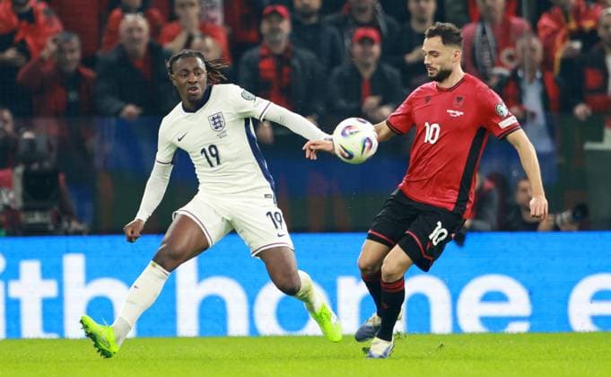 Eberechi Eze of England and Nedim Bajrami of Albania. Albania v England, FIFA 2026 World Cup Qualifying, Group K, Football, Arena Kombetare, Tirana, Albania - 16 Nov 2025Tirana Arena Kombetare Albania EDITORIAL USE ONLY No use with unauthorised audio, video, data, fixture lists, club league logos or live services. Online in-match use limited to 120 images, no video emulation. No use in betting, games or single club league player publications.  Copyright: xNikolaxKrstic Shutterstockx 15786244bk