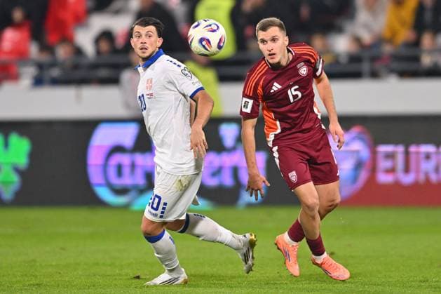 SERBIA vs LATVIA LAZAR SAMARDZIC vs DMITRIJS ZELENKOVS football Serbia vs Latvia FIFA World Cup, WM, Weltmeisterschaft, Fussball qualification match at Dubocica stadiuim , Leskovac 16.11.2025 Foto: FOOTBALL, SERBIA, LATVIA, FIFA WORLD CUP QUALIFICATIONS MATCH Leskovac Dubocica stadium Serbia Copyright: xMarkoxMetlas xMNxPressx