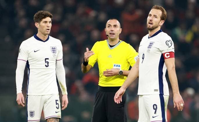 John Stones of England and Harry Kane of England. Albania v England, FIFA 2026 World Cup Qualifying, Group K, Football, Arena Kombetare, Tirana, Albania - 16 Nov 2025Tirana Arena Kombetare Albania EDITORIAL USE ONLY No use with unauthorised audio, video, data, fixture lists, club league logos or live services. Online in-match use limited to 120 images, no video emulation. No use in betting, games or single club league player publications.  Copyright: xNikolaxKrstic Shutterstockx 15786244ca