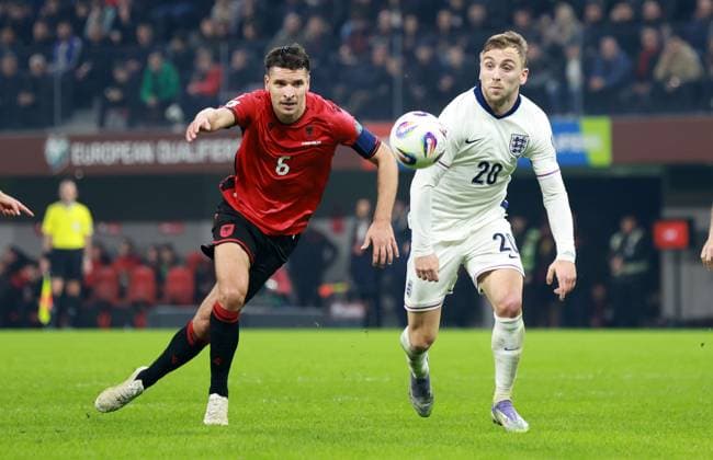 Berat Djimsiti of Albania and Jarrod Bowen of England. Albania v England, FIFA 2026 World Cup Qualifying, Group K, Football, Arena Kombetare, Tirana, Albania - 16 Nov 2025Tirana Arena Kombetare Albania EDITORIAL USE ONLY No use with unauthorised audio, video, data, fixture lists, club league logos or live services. Online in-match use limited to 120 images, no video emulation. No use in betting, games or single club league player publications.  Copyright: xNikolaxKrstic Shutterstockx 15786244ce